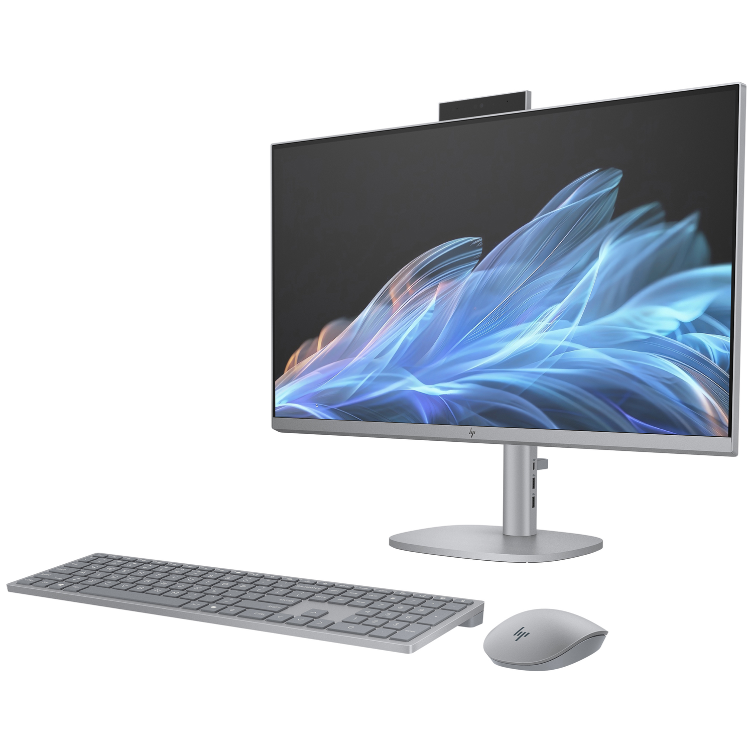 A silver HP all-in-one computer with keyboard and mouse on a white background.