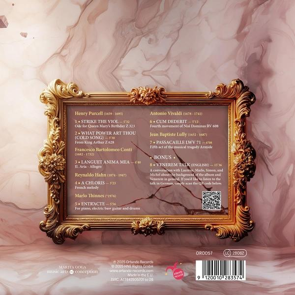 CD-Rückseite mit verzierten Goldrahmen, Liste der Musikstücke und Komponisten.