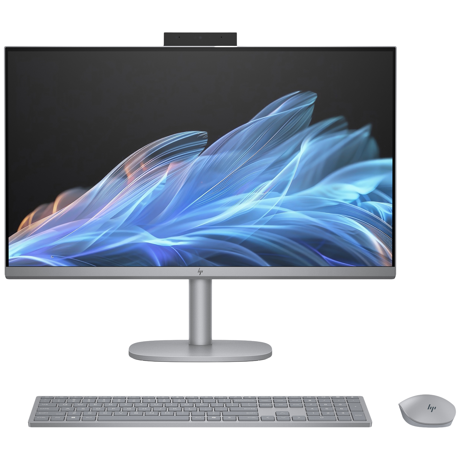 Een zilveren HP all-in-one computer met toetsenbord en muis op witte achtergrond.