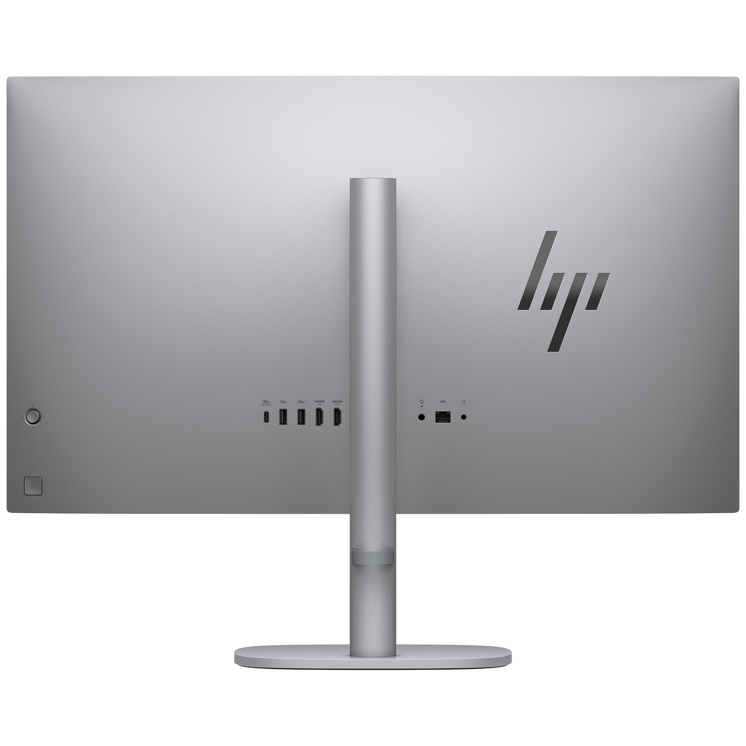 Achterkant van een zilveren HP monitor met poorten en HP-logo.