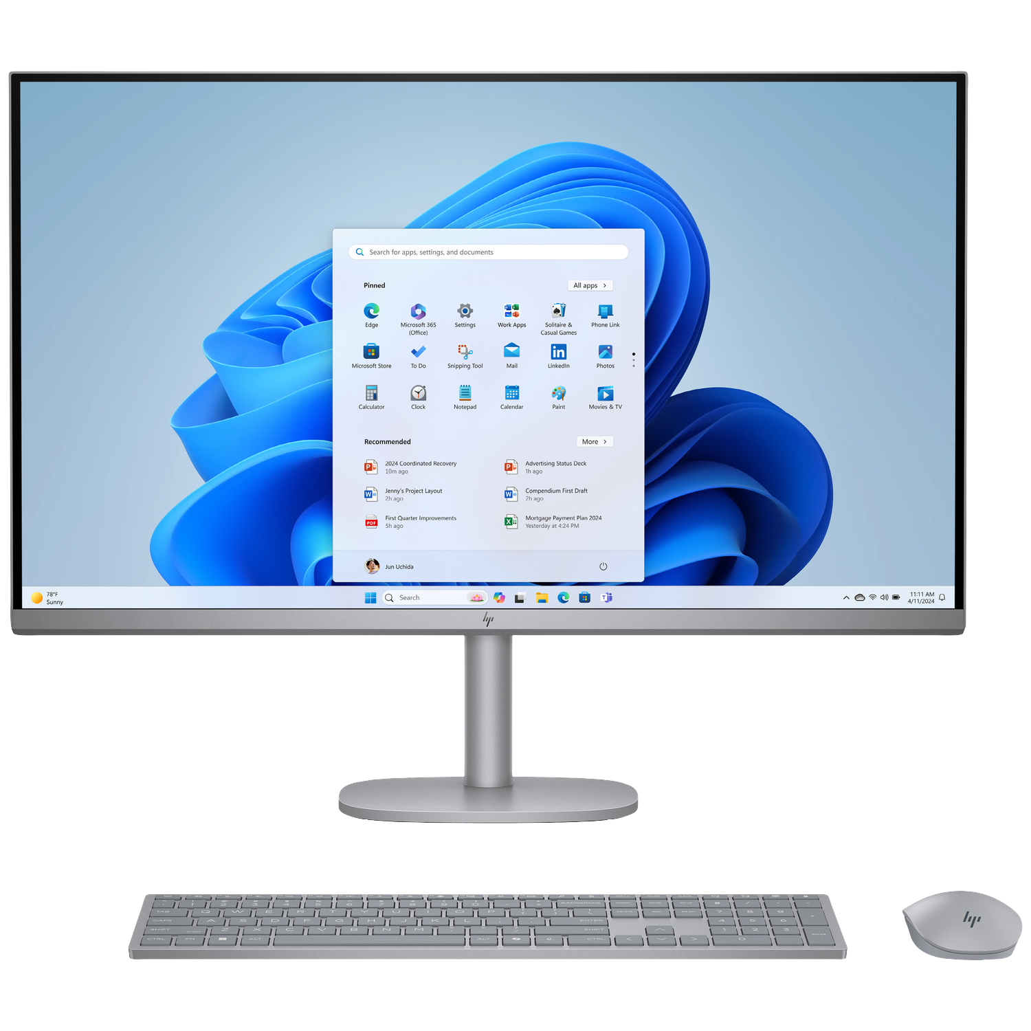 HP All-in-One PC with Windows 11, keyboard, and mouse displayed.