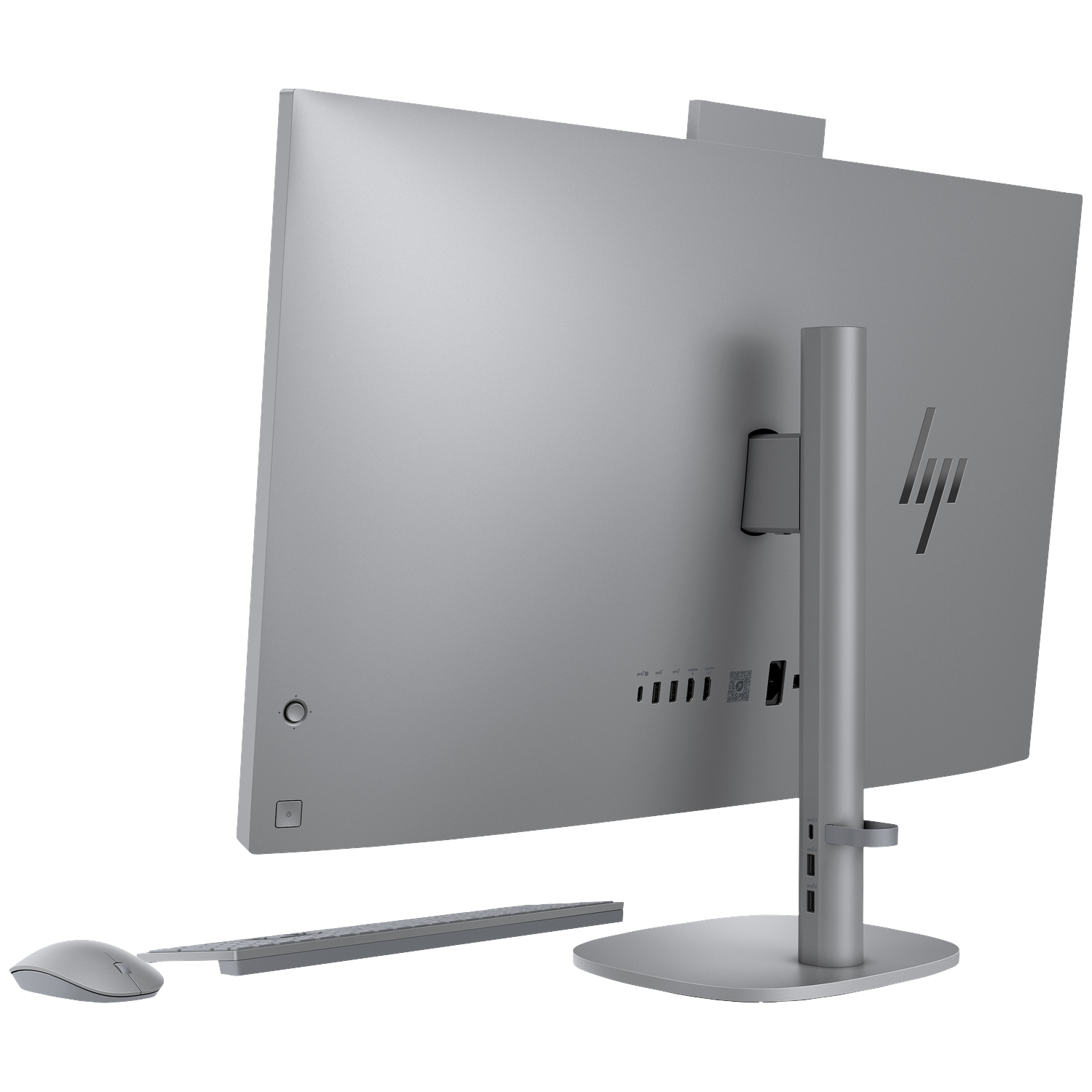 Rear view of a silver HP all-in-one computer with keyboard and mouse.