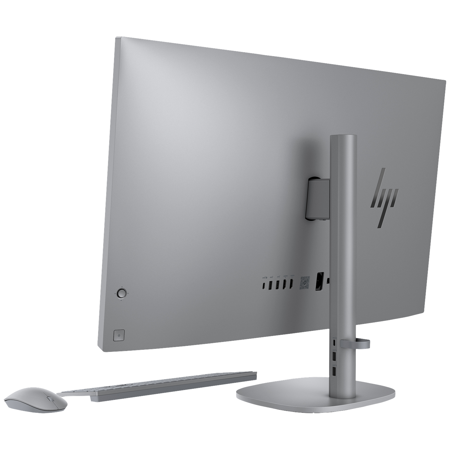 Rear view of a silver HP all-in-one computer with mouse and keyboard.