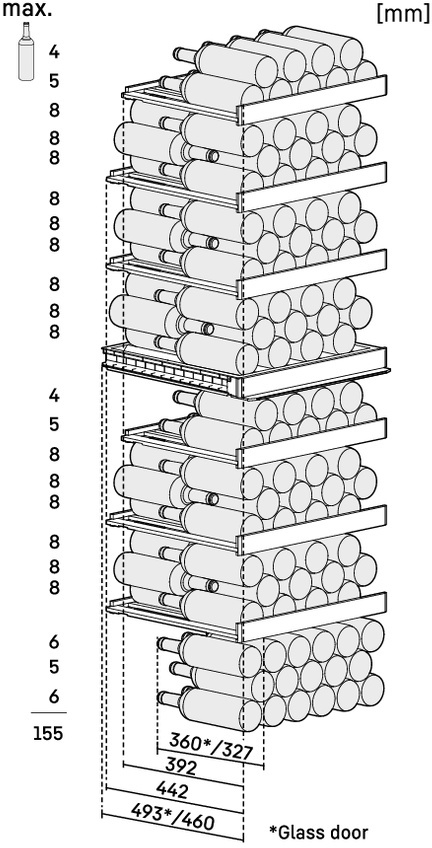 Diagramm zeigt einen Weinregal mit Flaschen. Maße und Anzahlen sind aufgeführt.