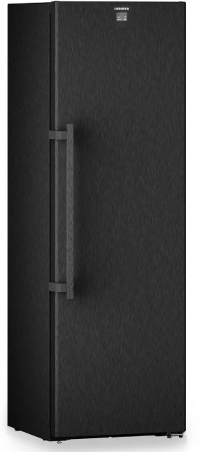 Ein schwarzer Kühlschrank mit silbernem Griff und Display oben.
