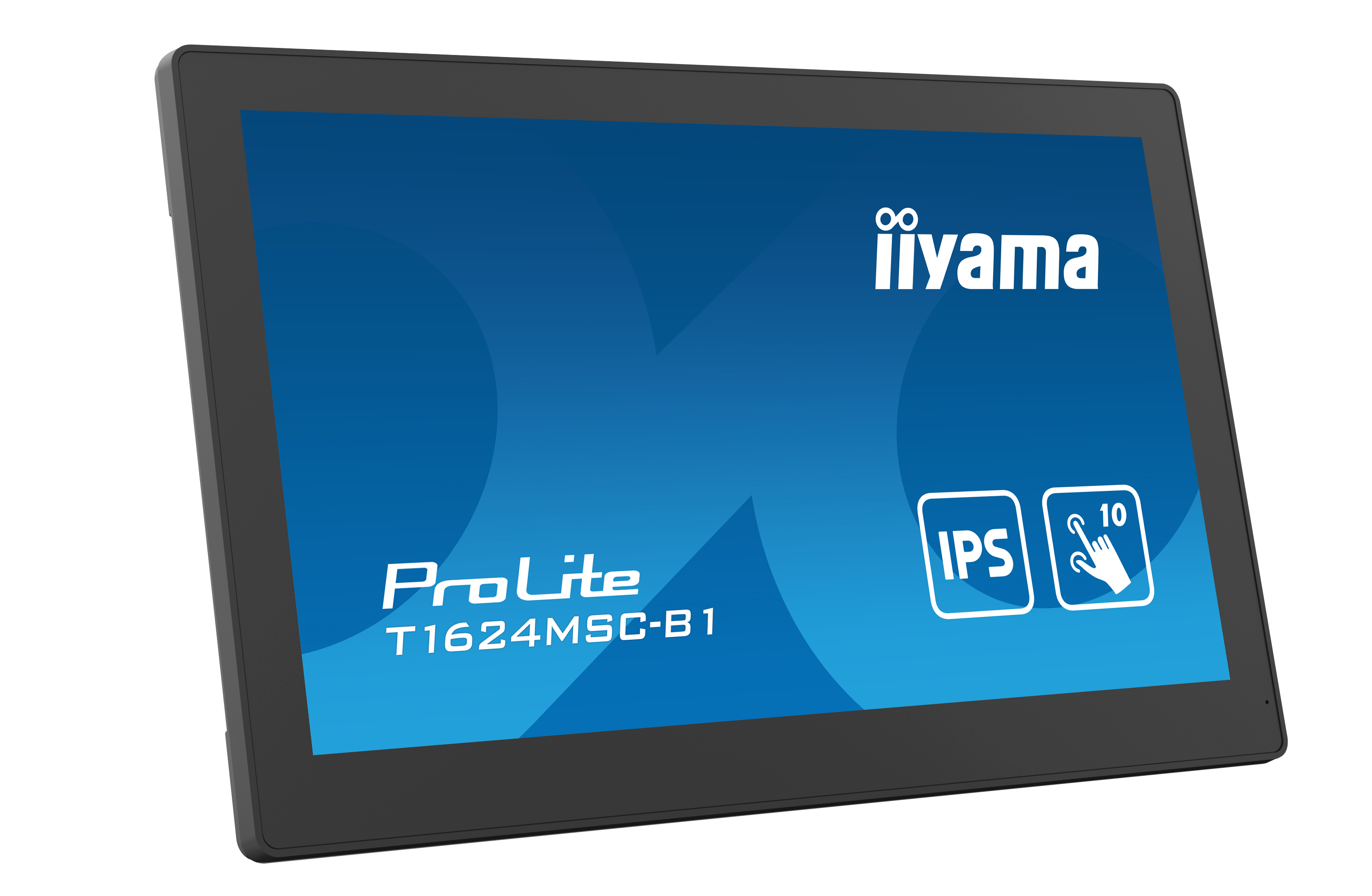 Ein schwarzer Monitor mit blauem Bildschirm, auf dem 'iiyama ProLite T1624MSC-B1' steht.