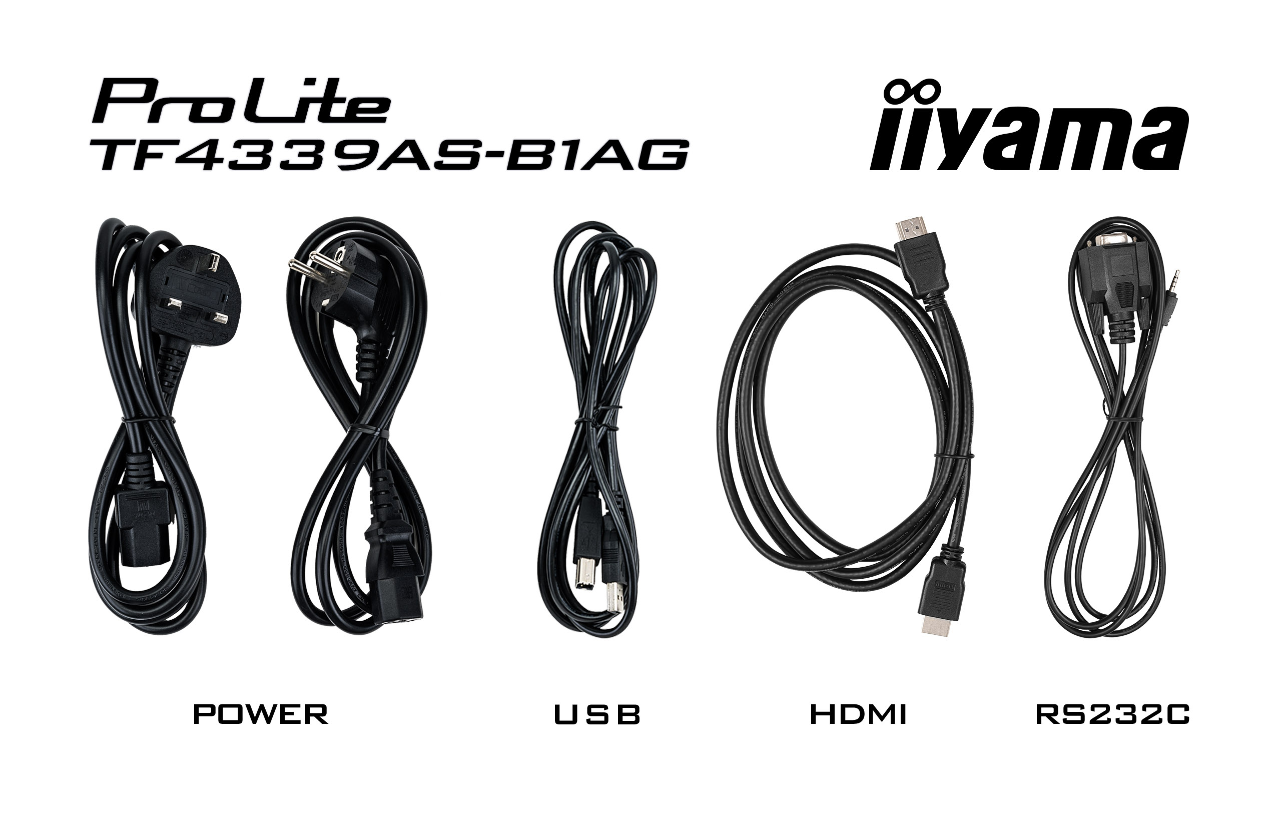 Fünf schwarze Kabel: Strom-, USB-, HDMI- und RS232C-Anschlüsse gezeigt.