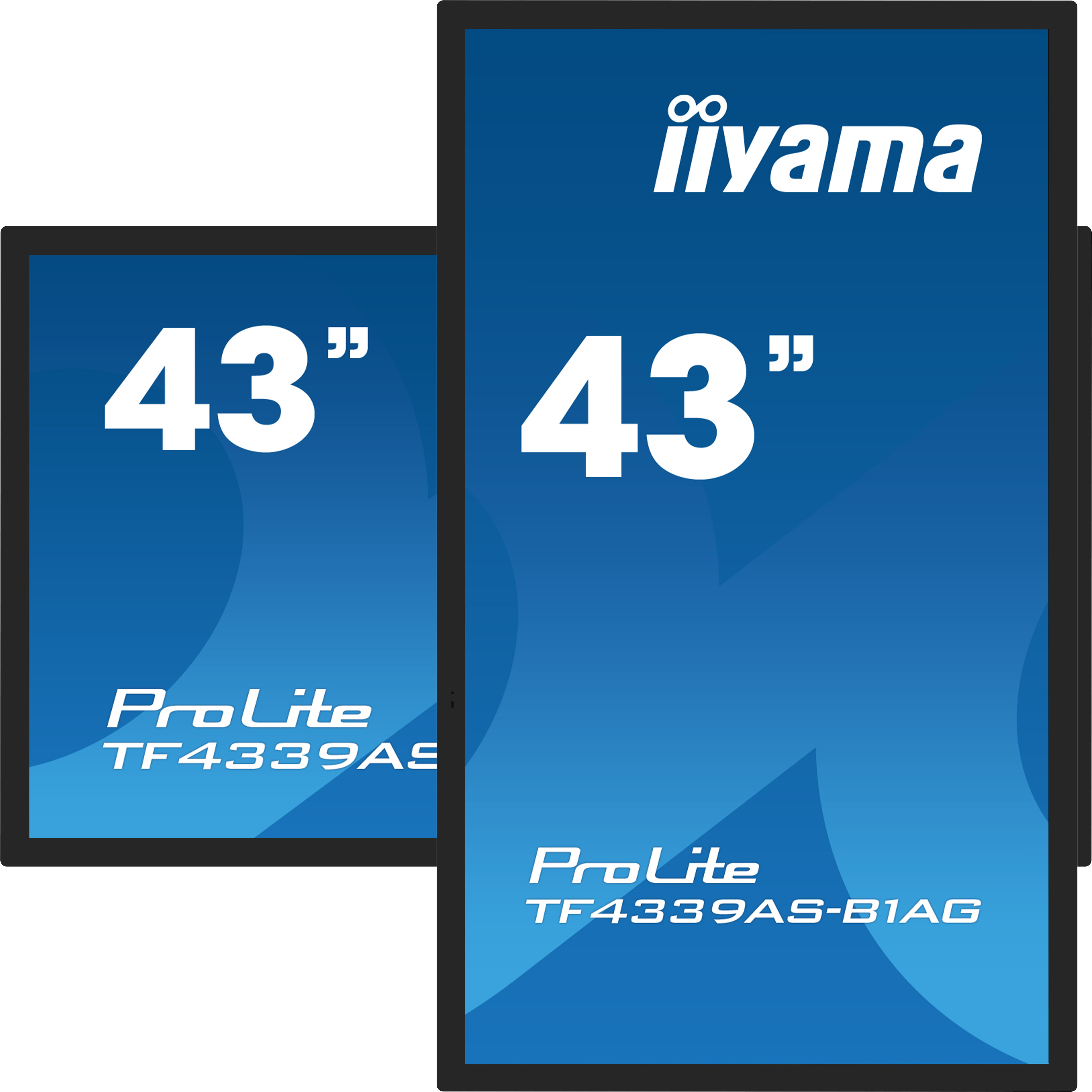 Zwei Iiyama ProLite 43" Monitore. Einer zeigt TF4339AS, der andere TF4339AS-B1AG.