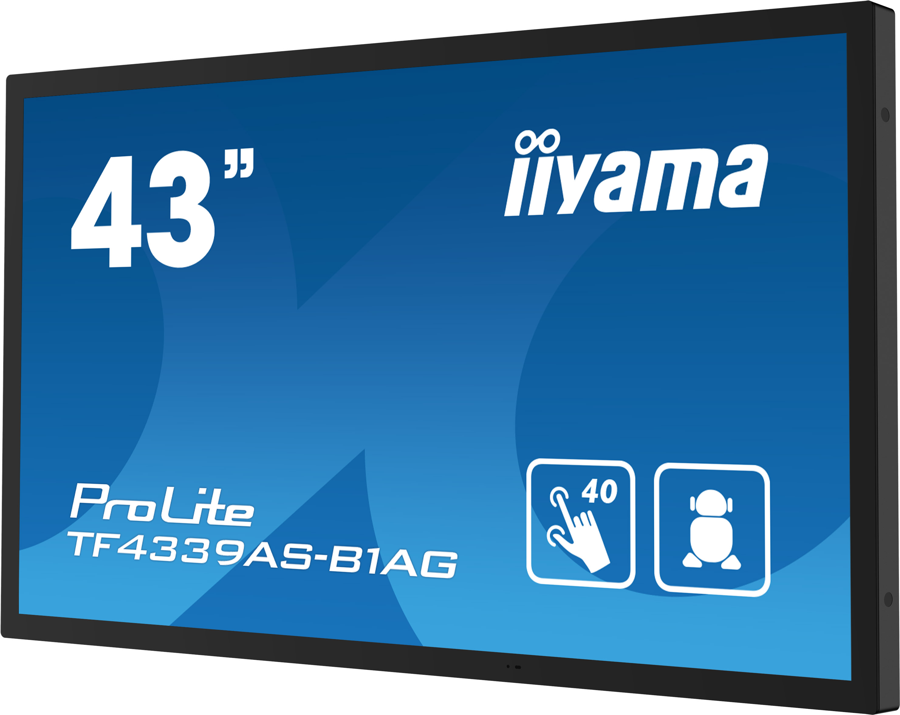 43-Zoll iiyama ProLite TF4339AS-B1AG Display mit Touch- und Personensymbolen.