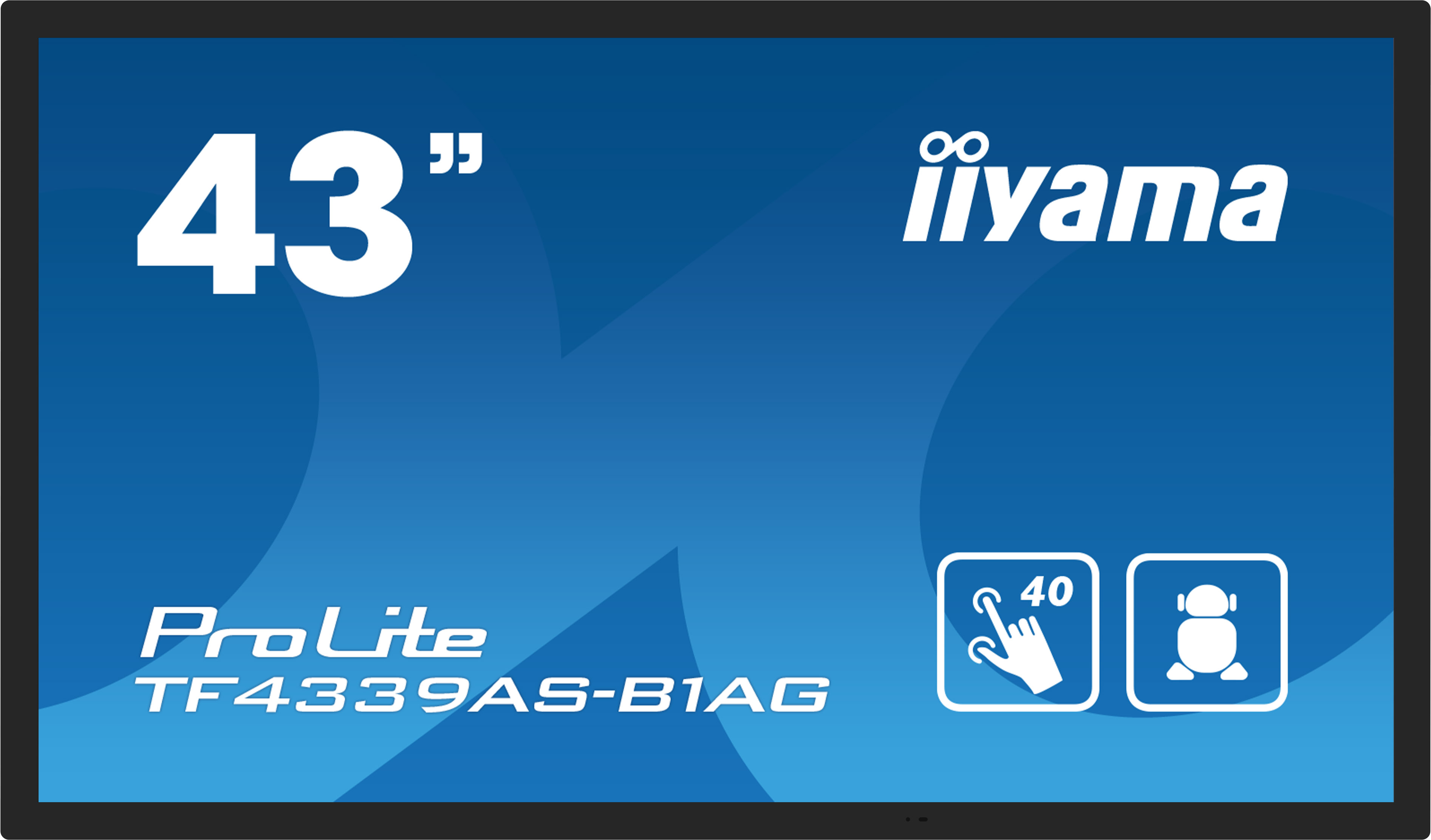 Iiyama ProLite TF4339AS-B1AG 43" Touch-Display mit Symbolen für Touch und Roboter.