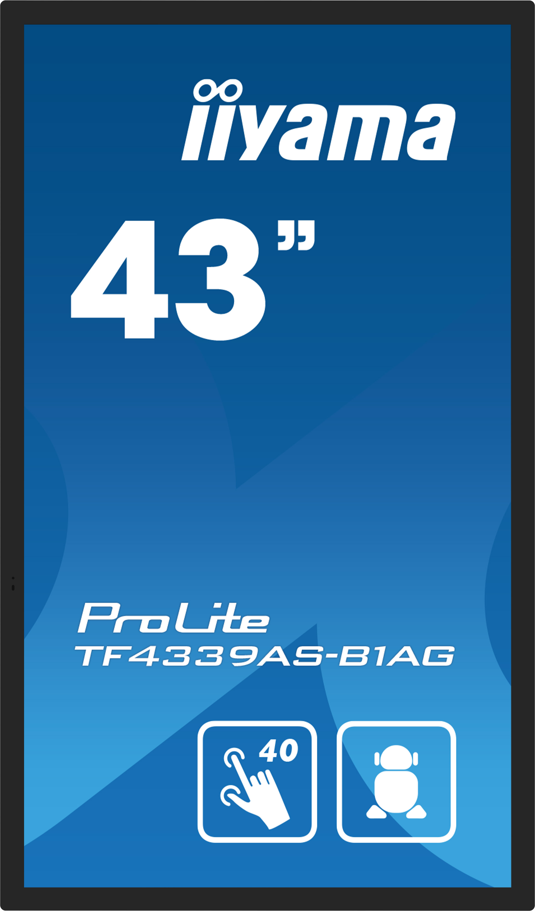 Iiyama 43 Zoll ProLite TF4339AS-B1AG mit Touch- und Personen-Symbolen.