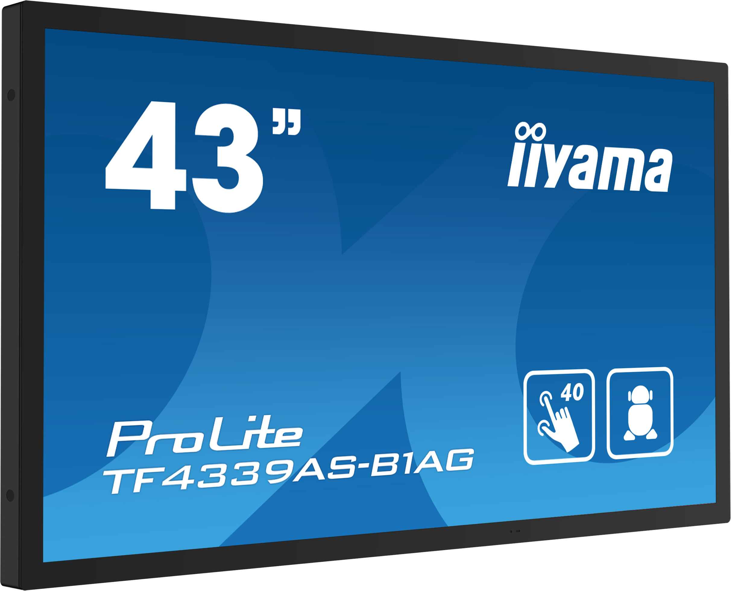 Ein 43-Zoll-iiyama-Monitor mit ProLite-Logo und Touchscreen-Symbolen.