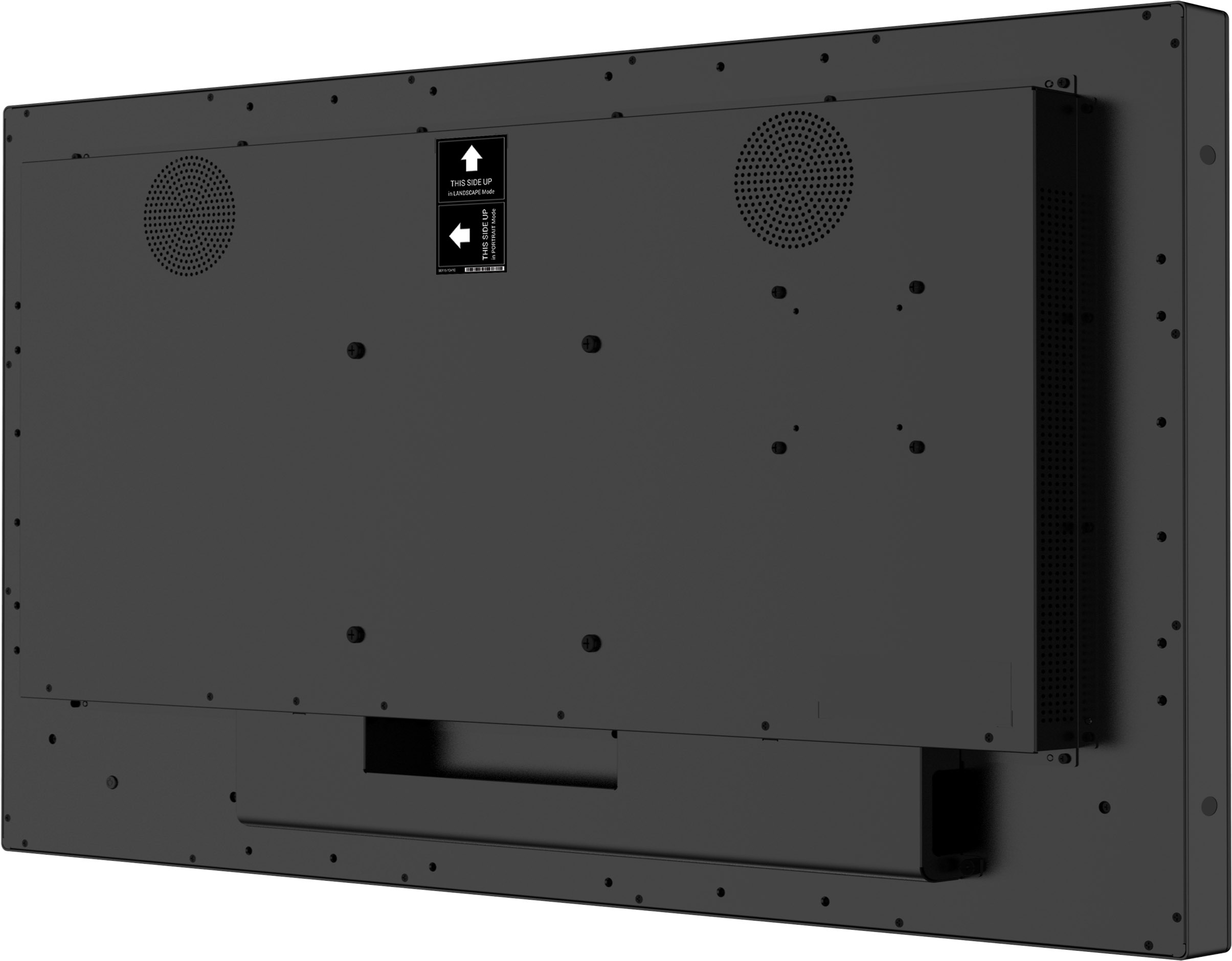 Die Rückseite eines großen schwarzen elektronischen Geräts, möglicherweise ein Fernseher oder Monitor, mit Lautsprechern und Lüftungsschlitzen.