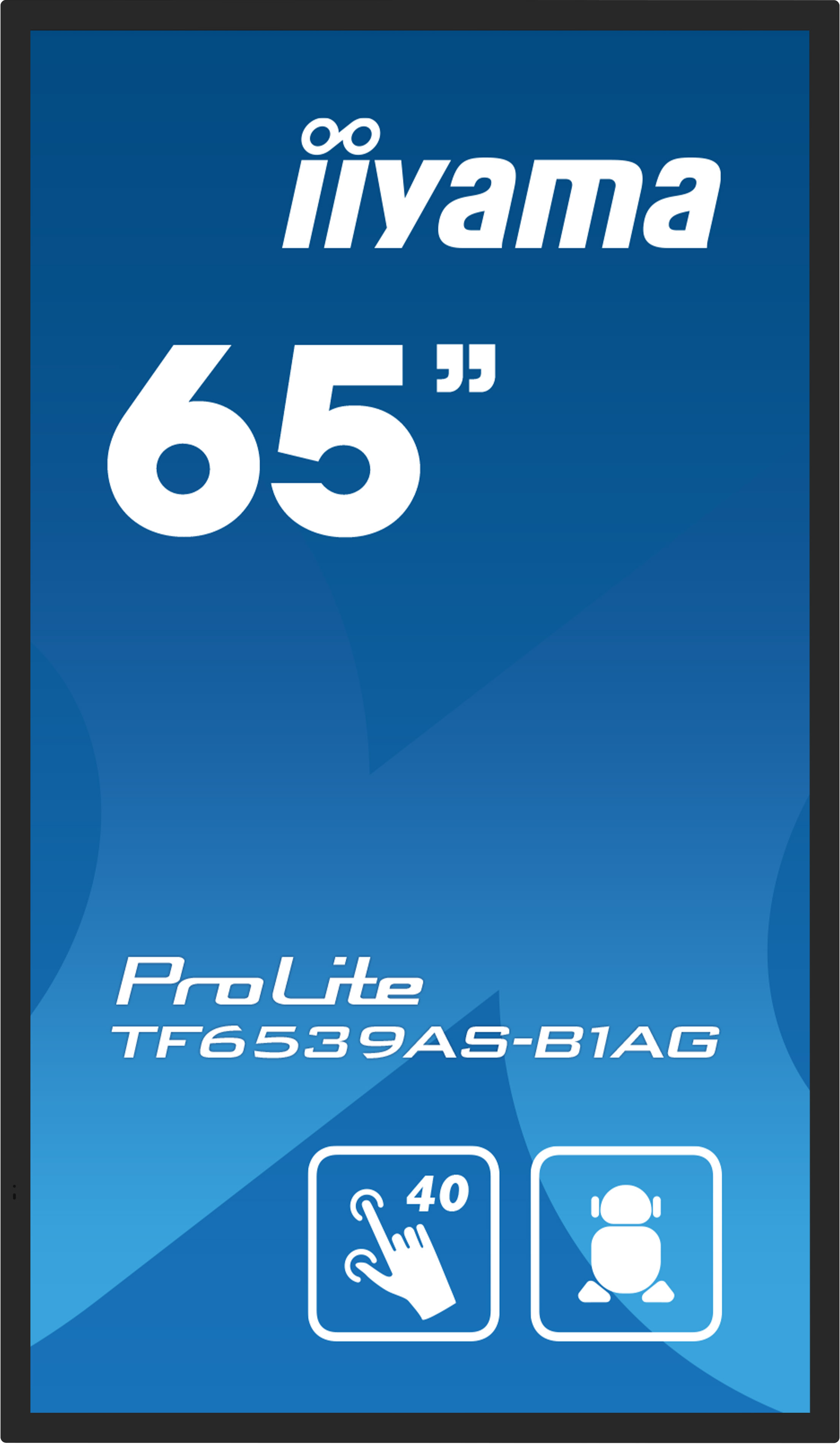Iiyama ProLite TF6539AS-B1AG 65" Touchscreen mit Symbolen für Berührung und Gerät.