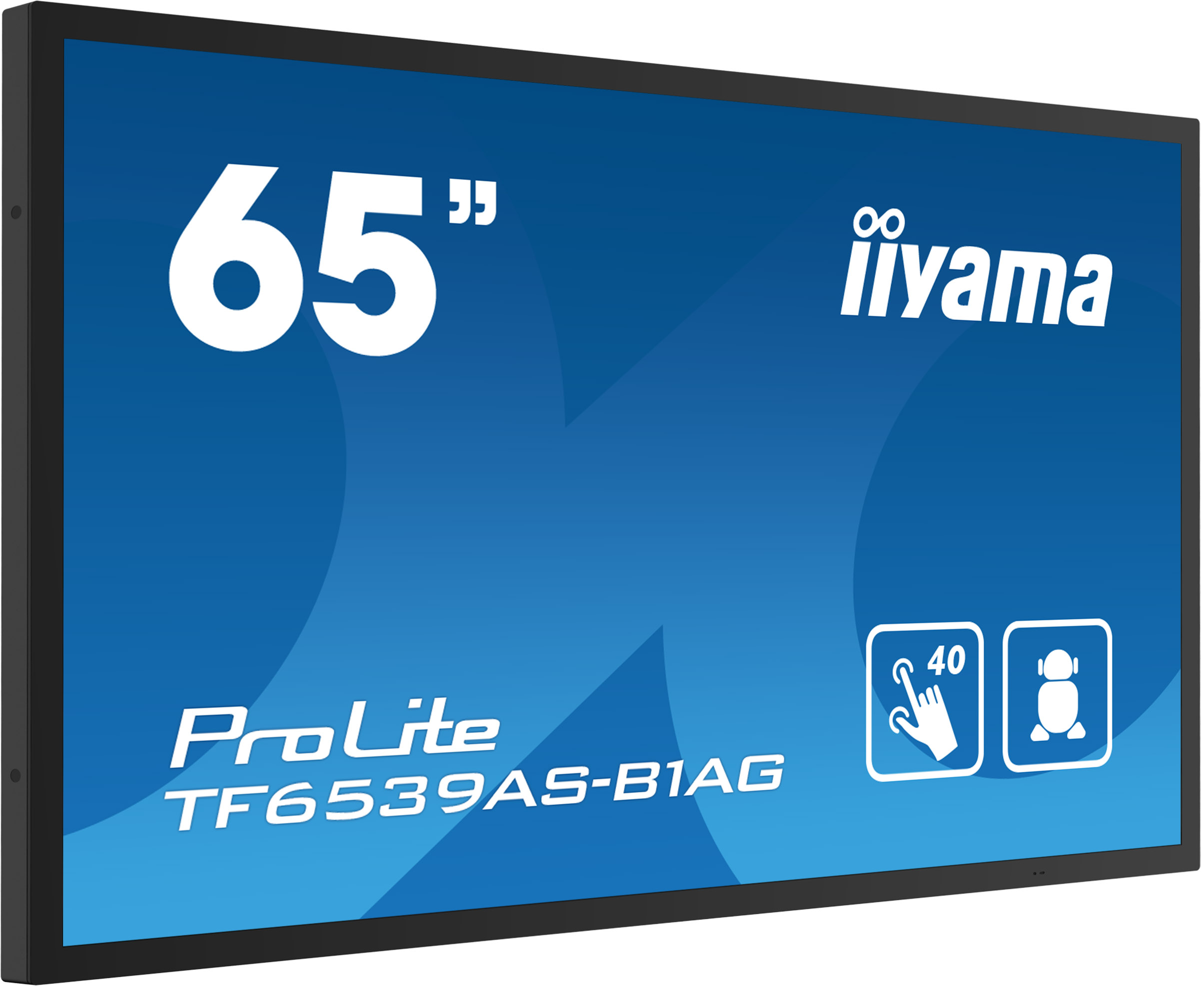 65-Zoll-iiyama-ProLite-Touchscreen-Display mit zwei Symbolen.