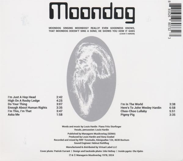 Moondog Album-Cover mit Songliste, Porträt und Barcode.