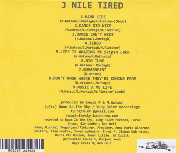 Rückseite des Albums „J Nile Tired“ mit Trackliste und Credits auf gelbem Hintergrund.