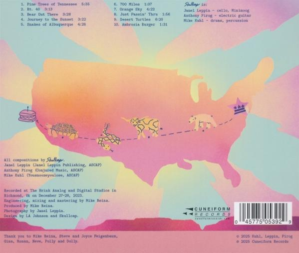 Eine Karte der USA mit stilisierten Tieren und einem Sandwich, das eine Reise symbolisiert.