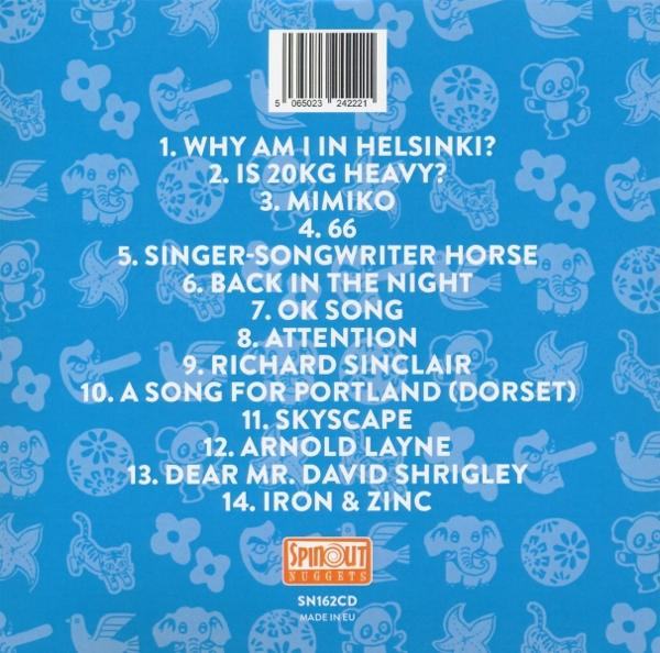 Album-Trackliste auf blauem Hintergrund mit Mustern und Barcode.