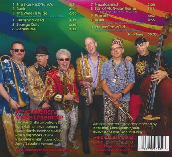 Band posiert mit Instrumenten; Titelliste und Credits auf farbigem Hintergrund.