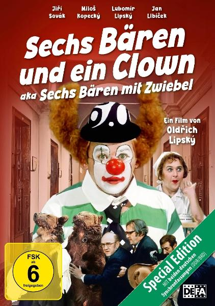 Ein Clown mit Bären und Männern, ein Filmplakat mit den Schauspielern und Titel.