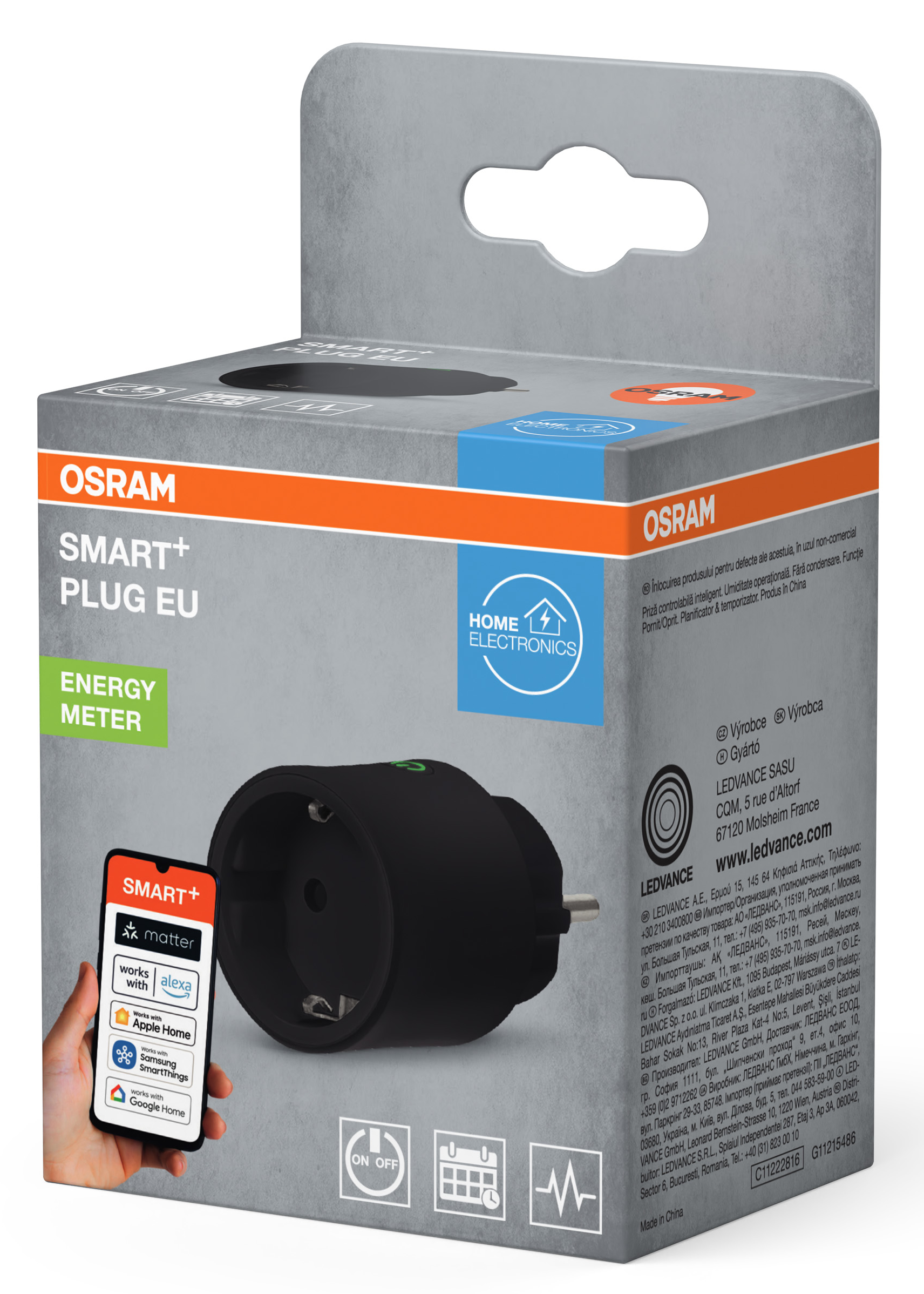 OSRAM Smart+ EU okosdugó energiával, fekete, csomagoláson.
