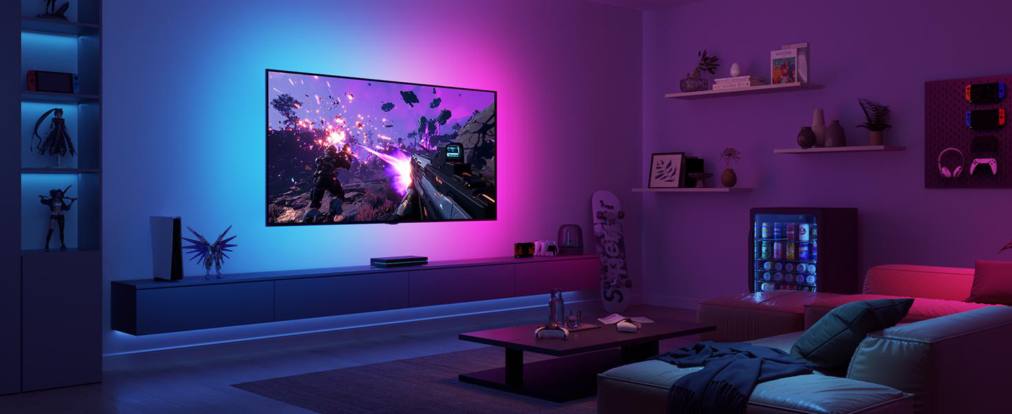 Zockerzimmer mit einem Fernseher, der ein Videospiel zeigt, blaue und pinke Beleuchtung.