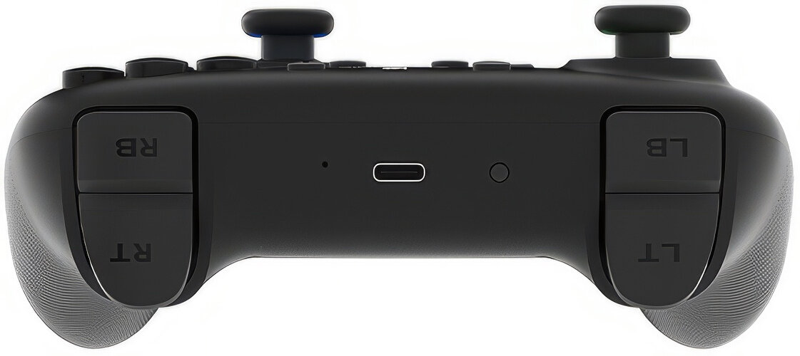 Czarny kontroler z portem USB-C, przyciskami RB/LB i RT/LT.