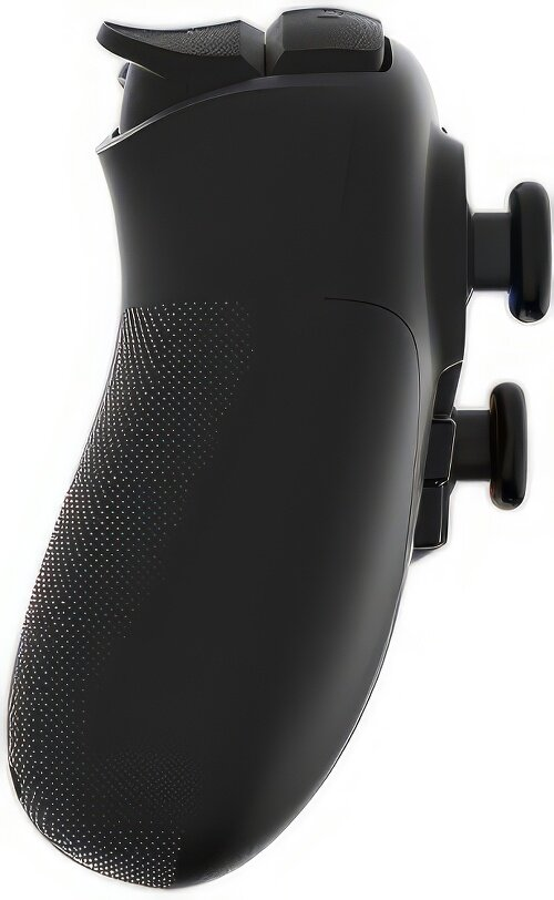 Czarny kontroler do gier z teksturowanym uchwytem i przyciskami.