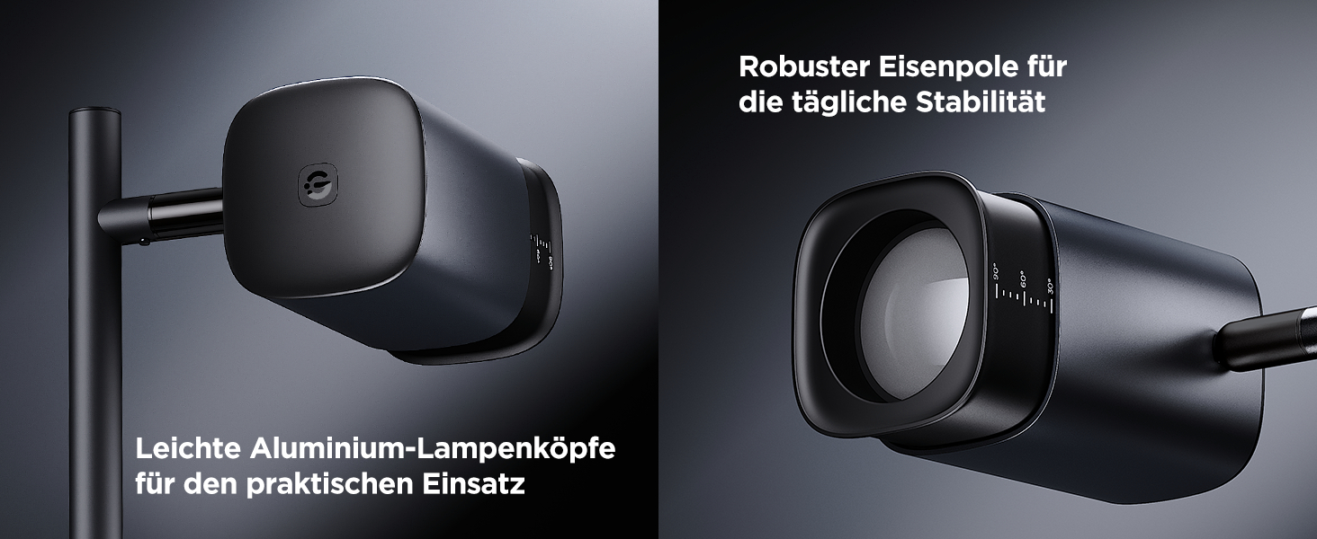 Schwarze Lampe mit Alukopf und Eisenfuß, zeigt Winkelmarkierungen.