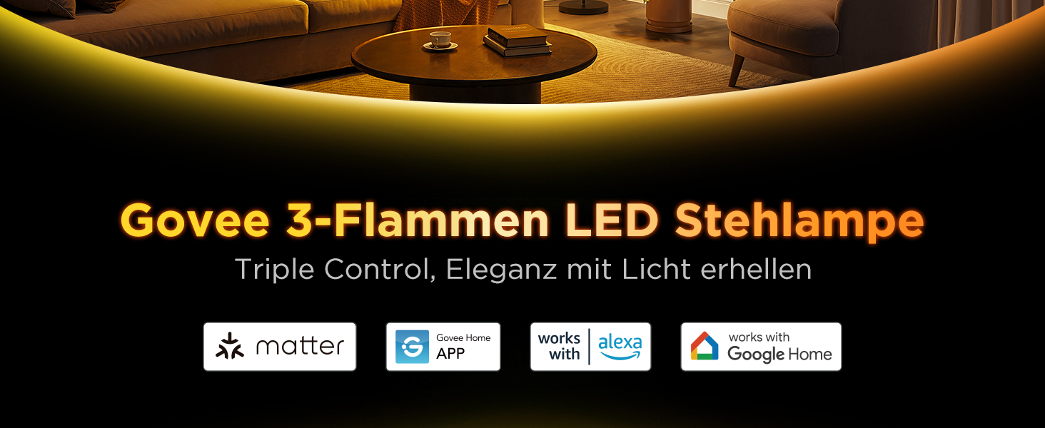Govee 3-Flammen LED Stehlampe. Dreifache Steuerung, Eleganz mit Licht. Matter, Govee Home App, Alexa, Google Home.
