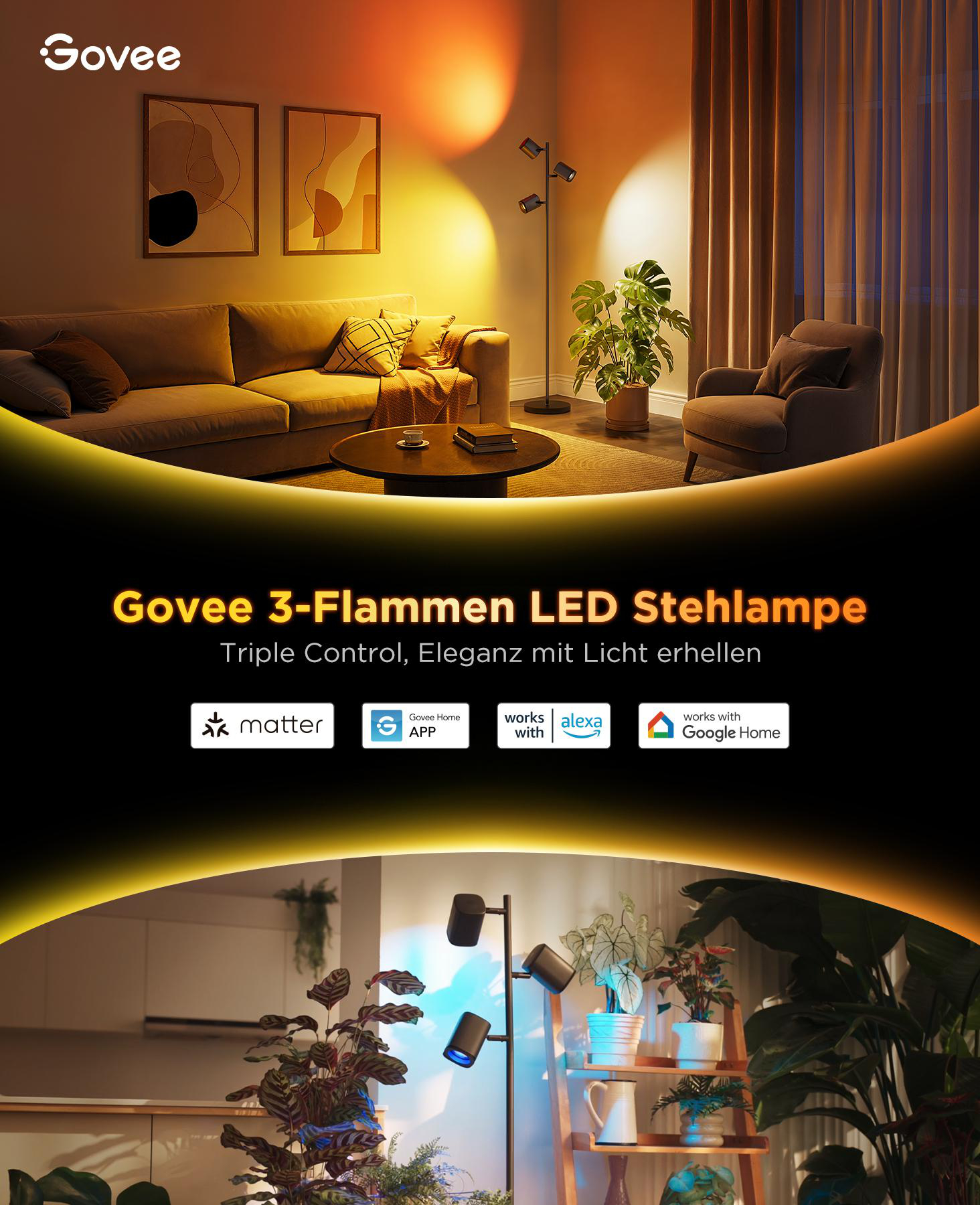 Wohnzimmer mit Govee-Lampe, Sofa, Sessel, Pflanzen und abstrakter Kunst.