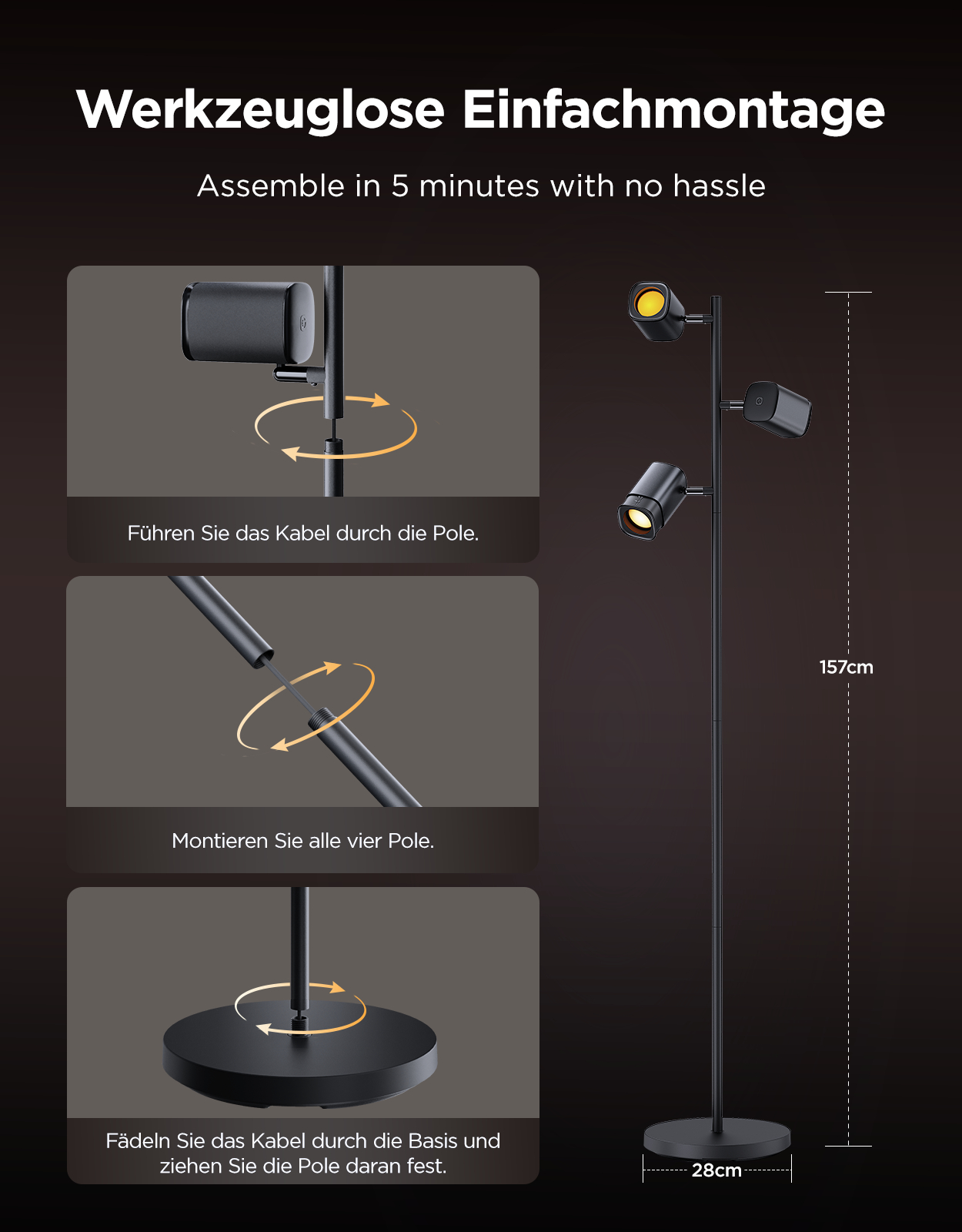 Montageanleitung für eine Stehleuchte mit 3 Spots: Kabel einführen, Pole verbinden, Basis befestigen.