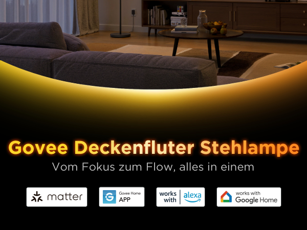 Govee Stehlampe mit Matter, Govee Home App, Alexa, Google Home Logos.