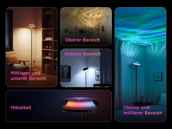 Collage von Bildern, die eine Stehleuchte zeigen, die aurora-ähnliche Lichter an Wände und Decke projiziert.