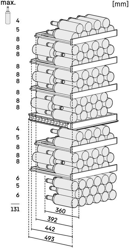 Diagramm zeigt einen Weinregal mit horizontal gelagerten Flaschen auf Regalen. Maße angegeben.