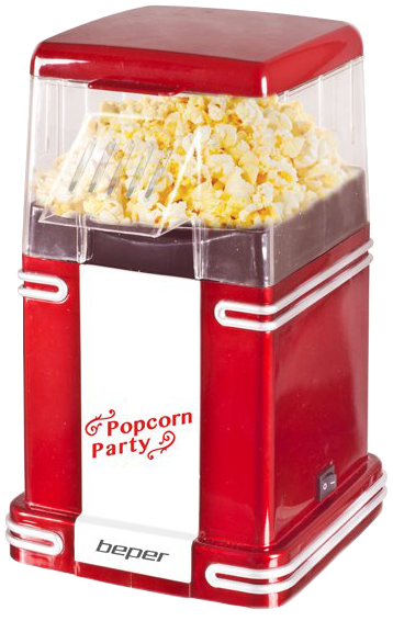 Een rode popcornmachine gevuld met popcorn, met een doorzichtig deksel en 'Popcorn Party'-label.