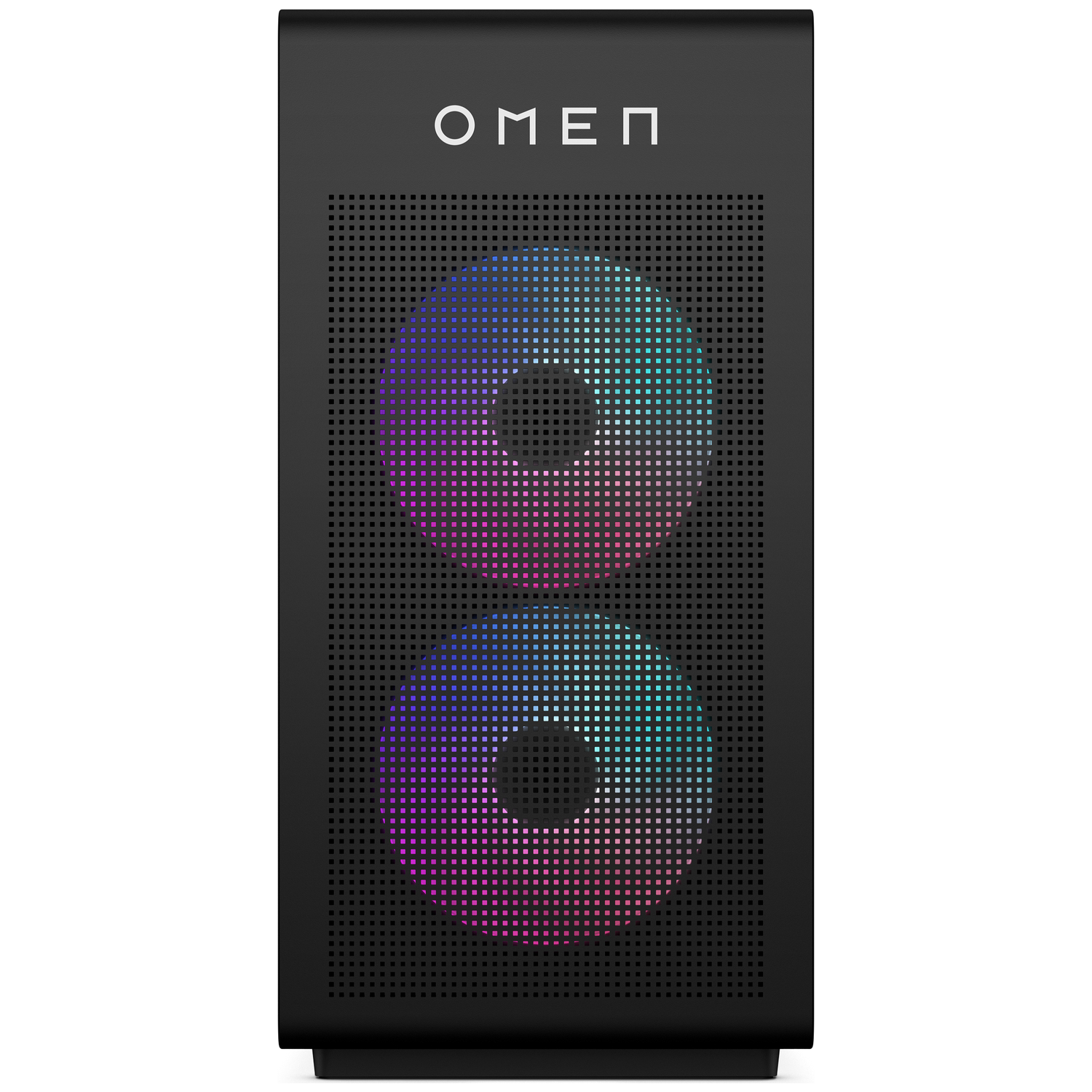Black OMEN gaming PC tower with two RGB lit fans on the front panel.