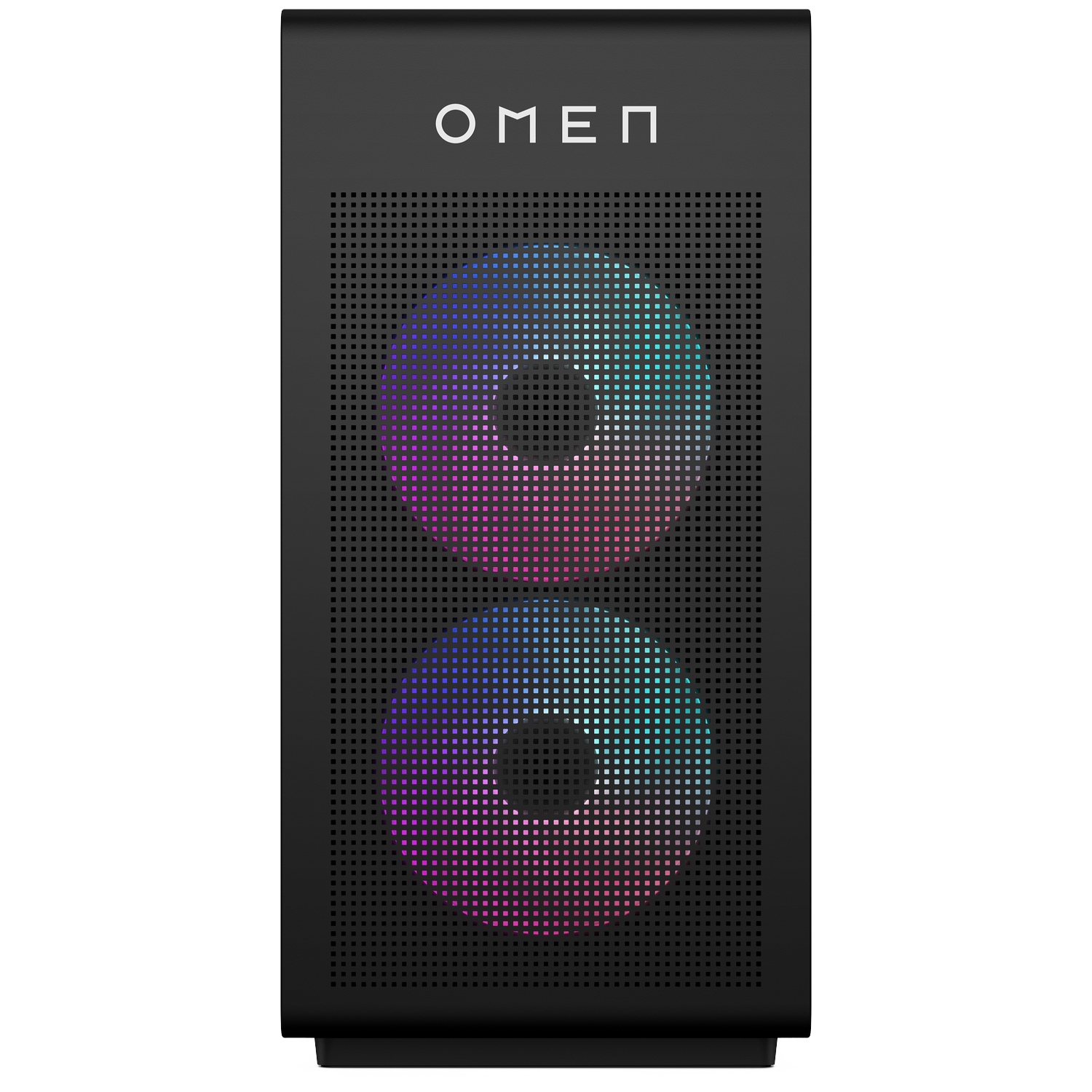 Black PC tower with OMEN logo and two illuminated fans in pink, purple, and blue.
