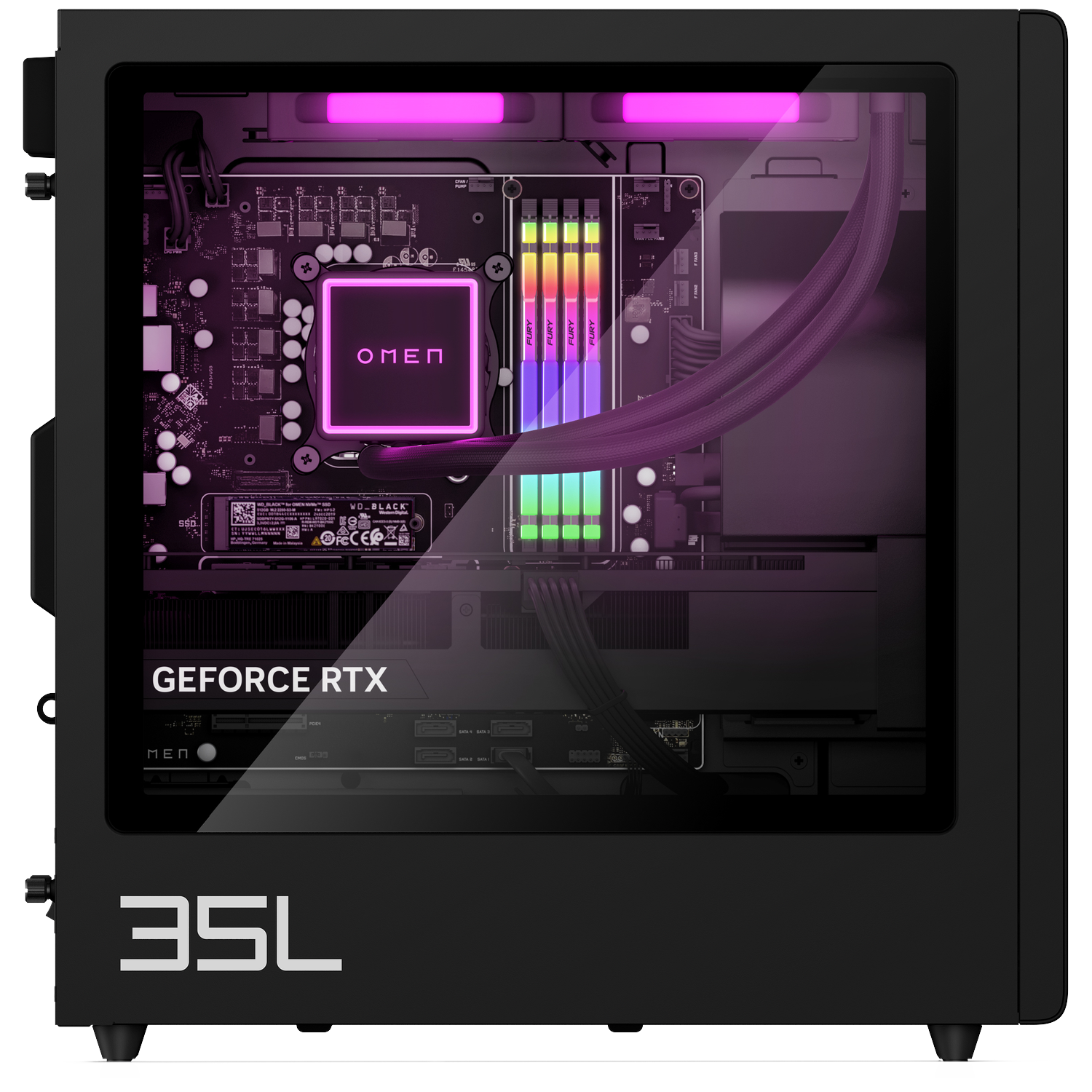 A black PC case with purple lighting. The OMEN logo and GeForce RTX are visible.