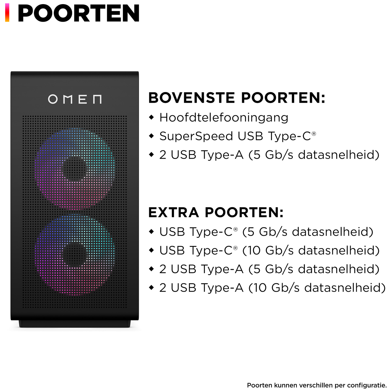Omen PC with illuminated fans and port list.