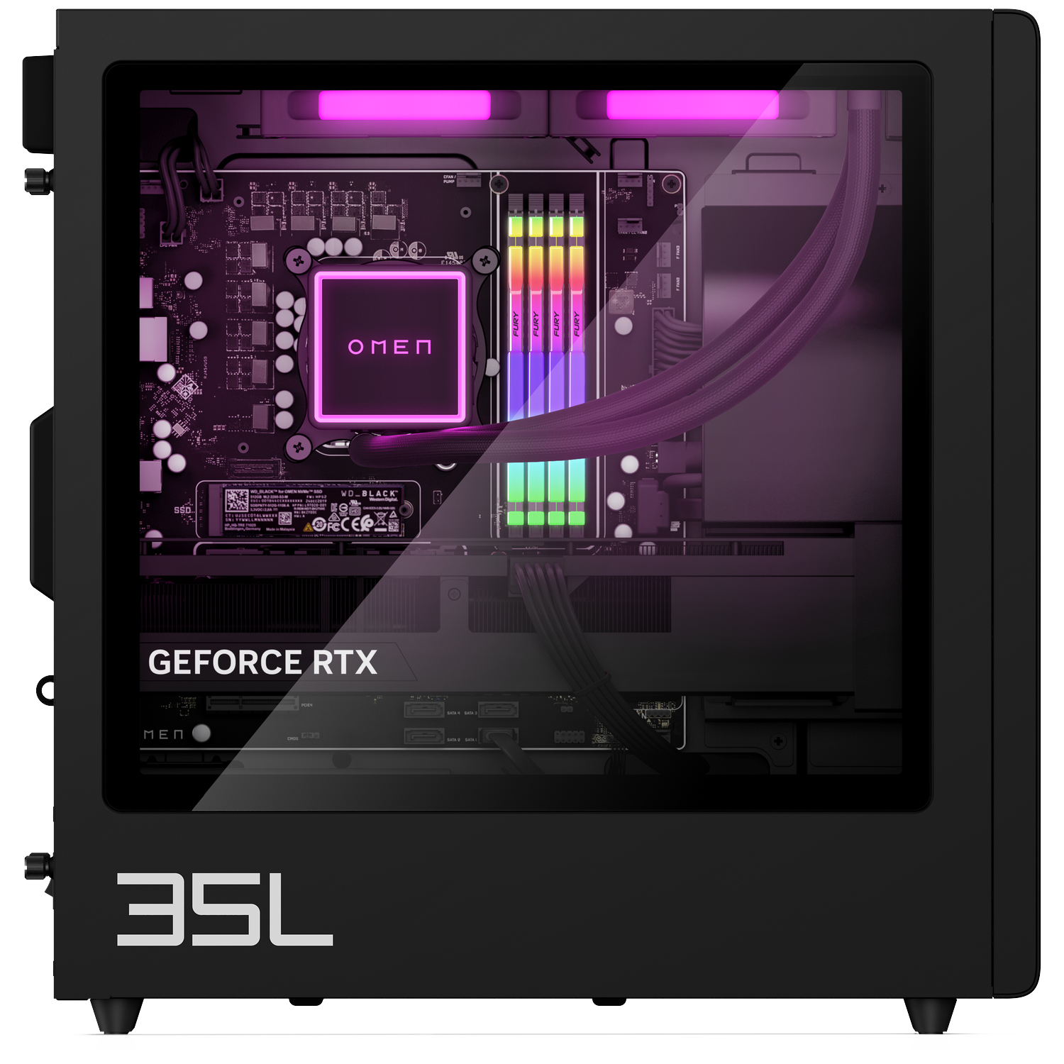 Black PC tower with RGB lighting. Features Omen logo, GeForce RTX, and 35L branding.