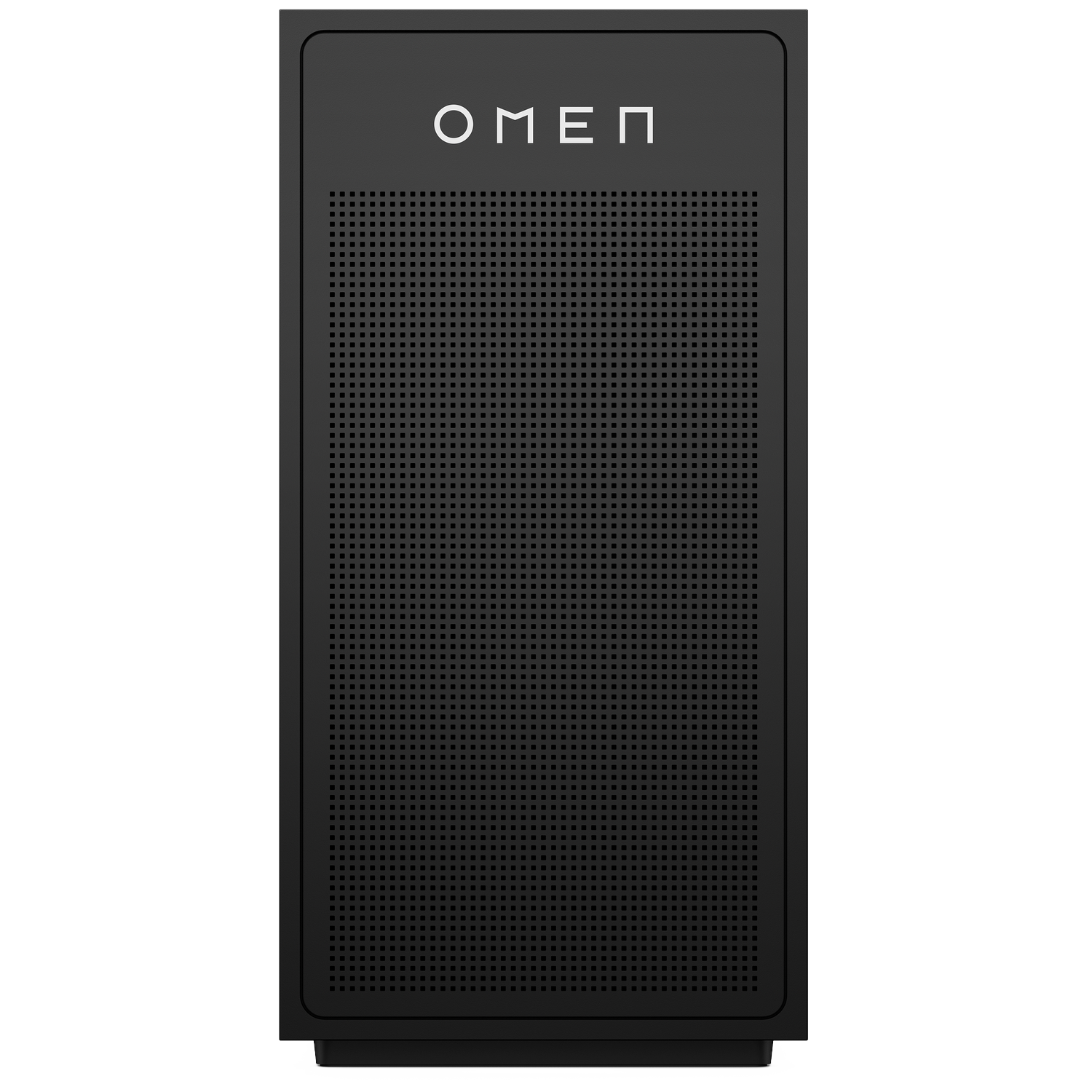 Black OMEN computer tower with a perforated front panel and white logo.