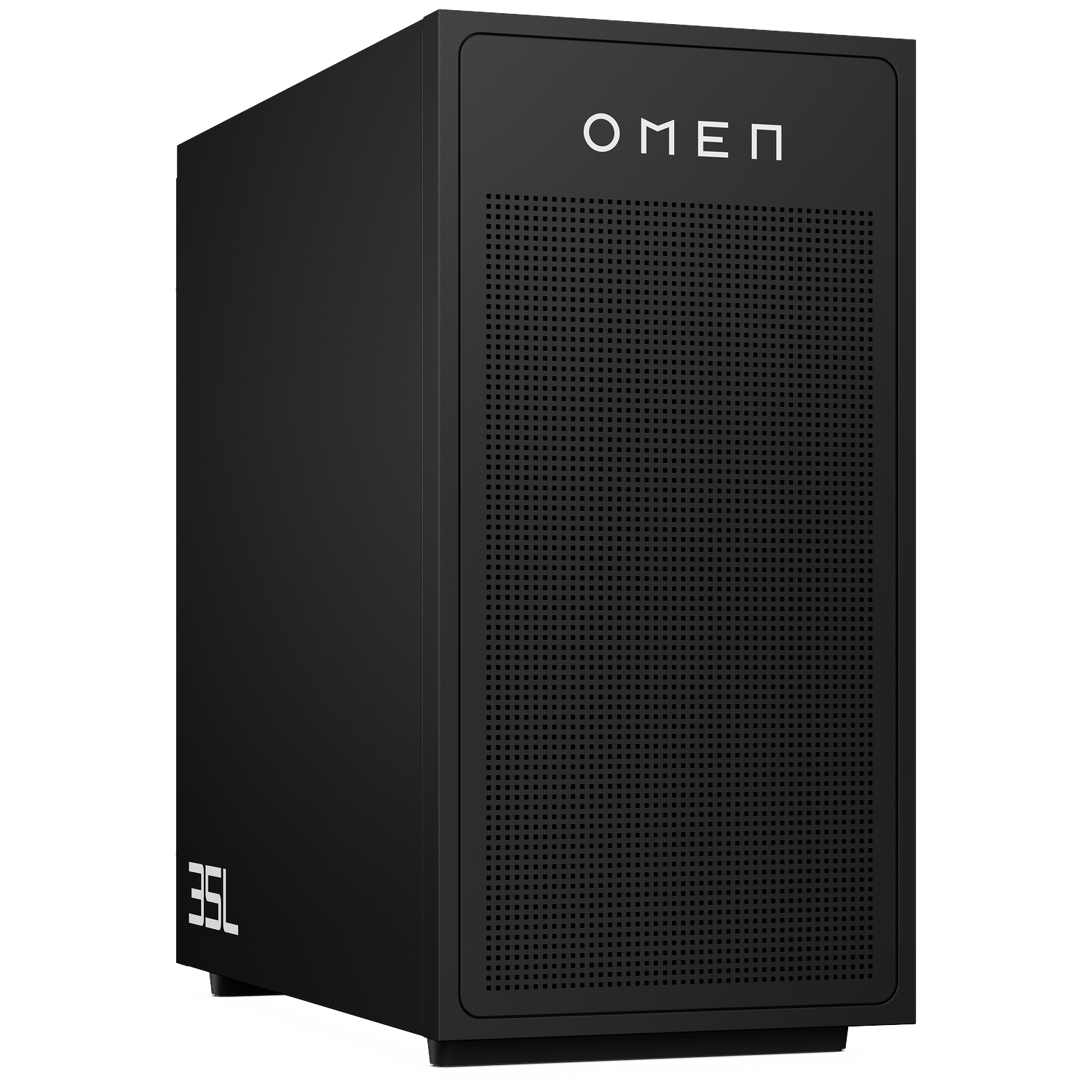 A black OMEN gaming desktop PC with a perforated front panel and the "35L" logo on the side.