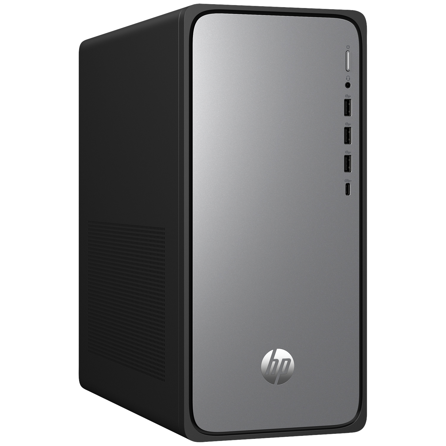 Black HP tower PC with silver front panel featuring USB ports and power button.