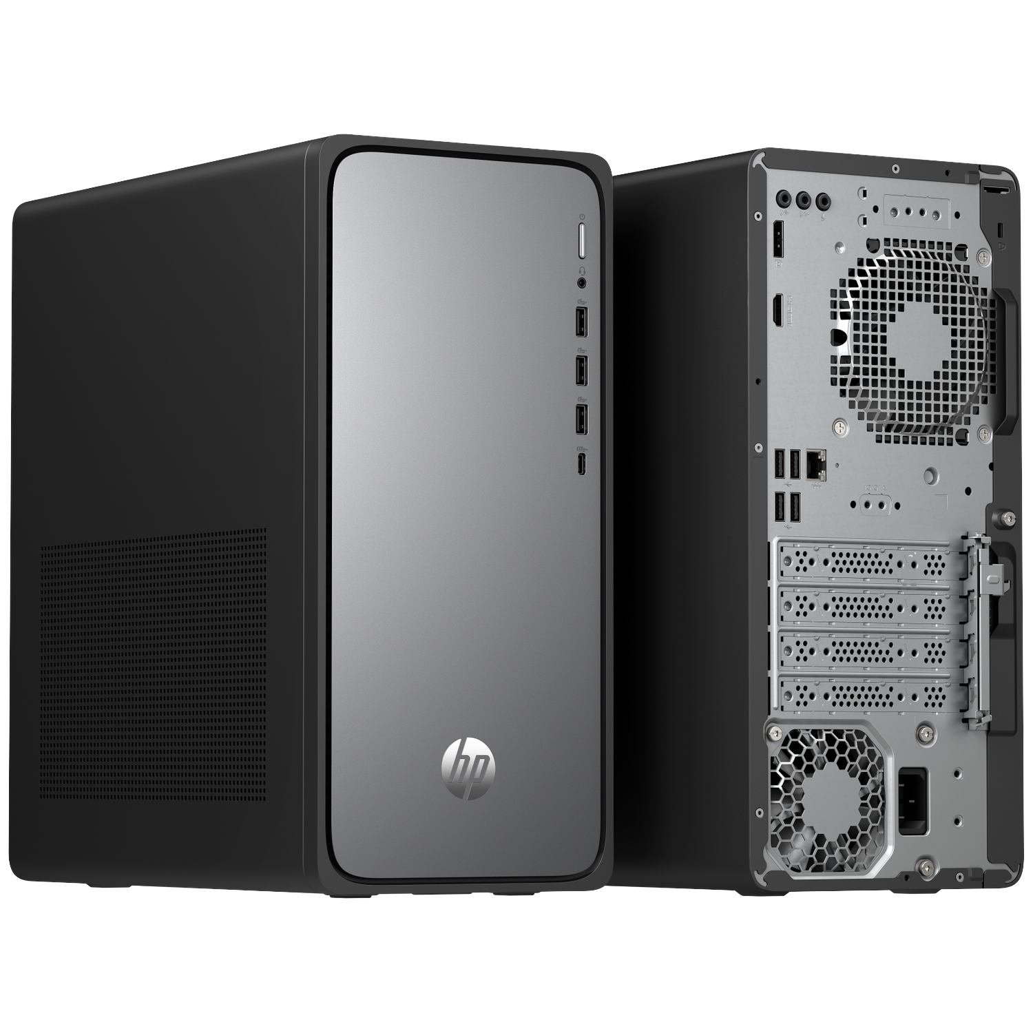Two black HP desktop computers, one front view, one rear view, on a white background.