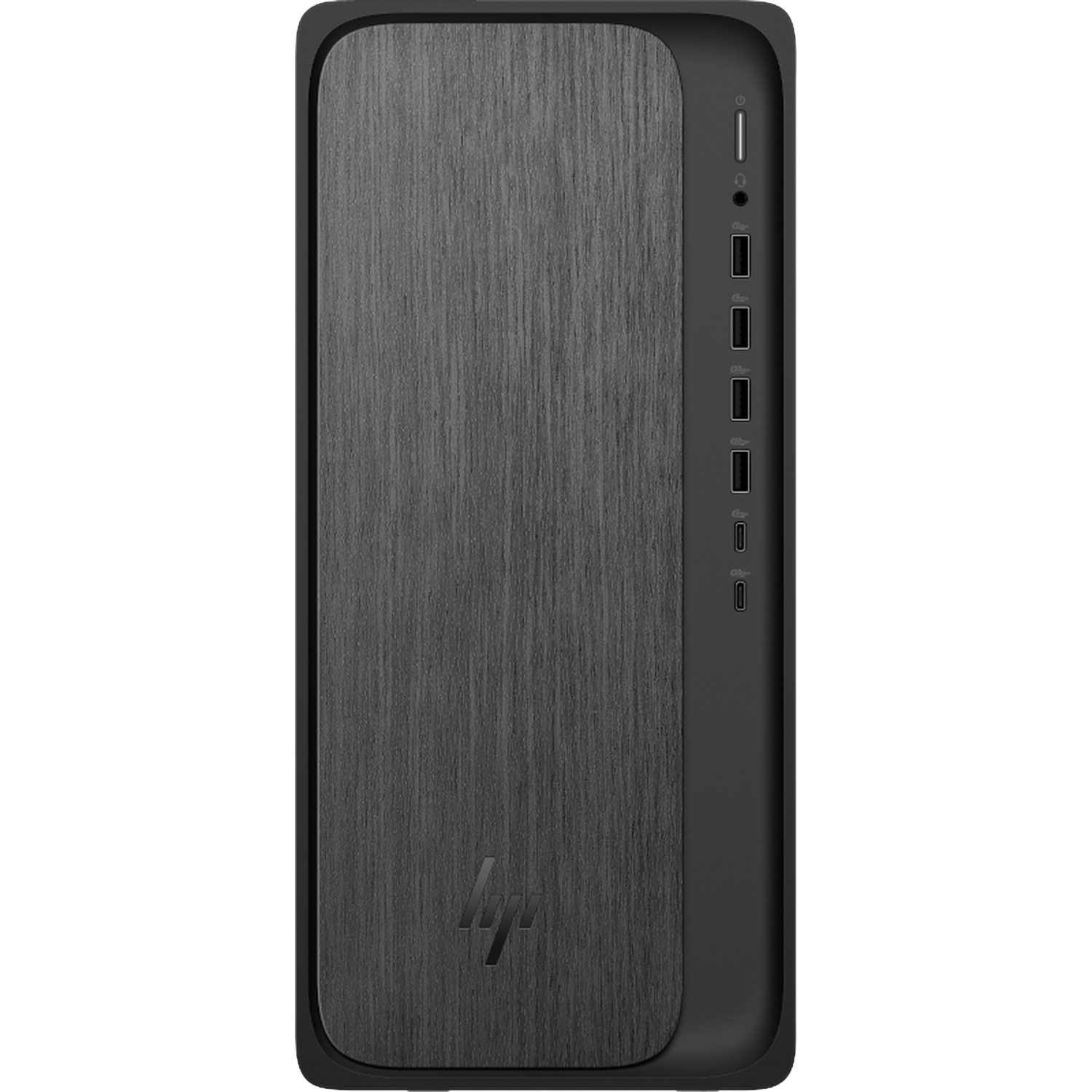 A black HP computer tower with a brushed metal front panel and ports on the right side.