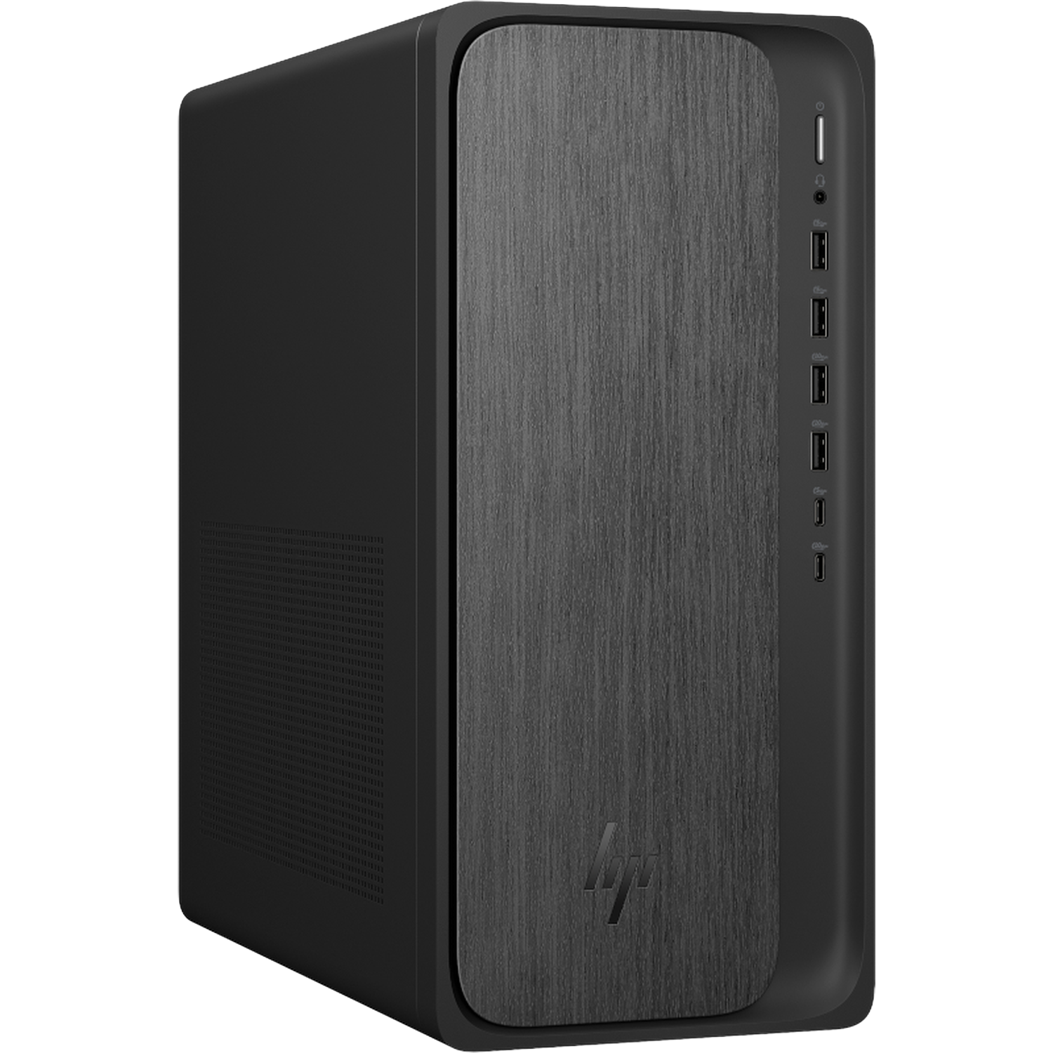 A black HP desktop computer tower with a brushed metal front panel.