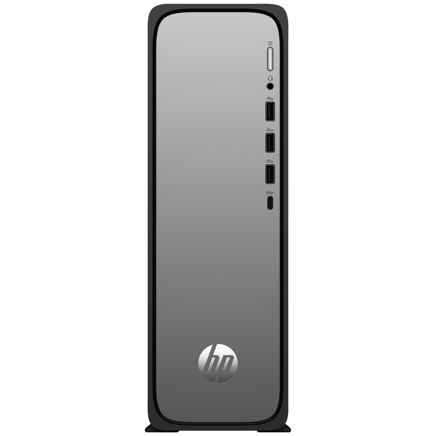 A sleek, black and silver HP desktop computer tower with ports on the front.