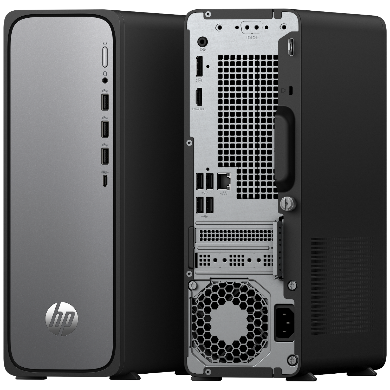 HP desktop computer tower. Front has USB ports. Back has ports and fan.